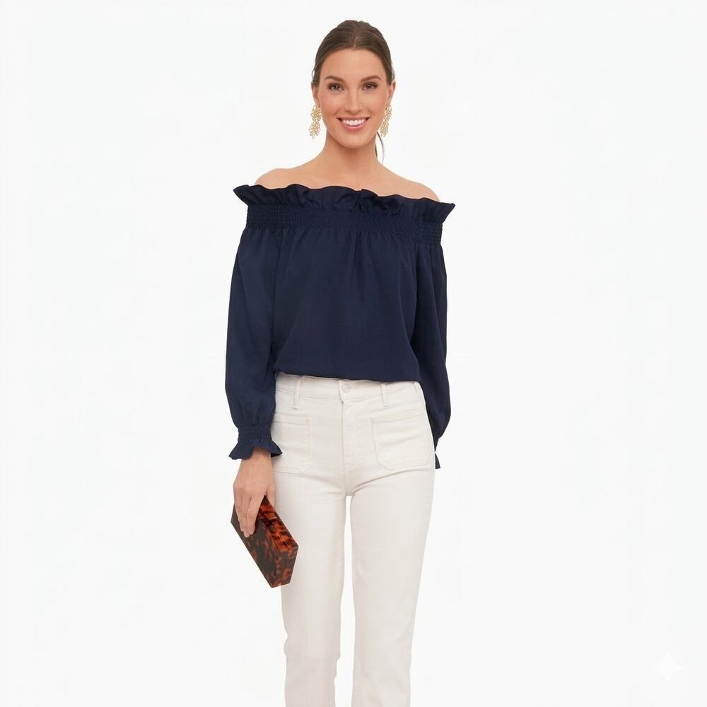 TUCKERNUCK Navy Blue Off Shoulder Marguerite Blouse Ruffle Shirt Top Size XS NWT
